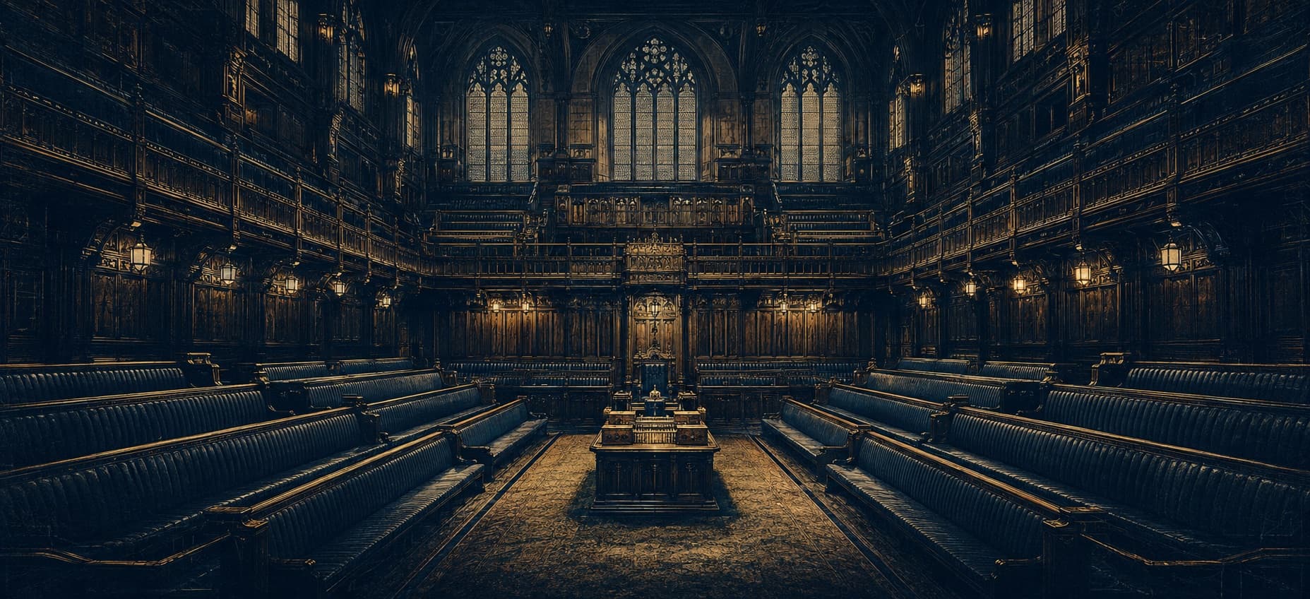 Panelled debating chamber with tiered benches facing off around a central dispatch box, echoing the Commons