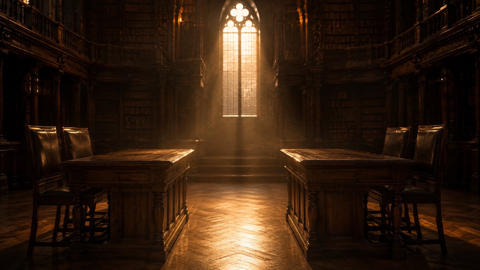 Two facing wooden desks in a grand library aisle, lit by a single shaft of window light