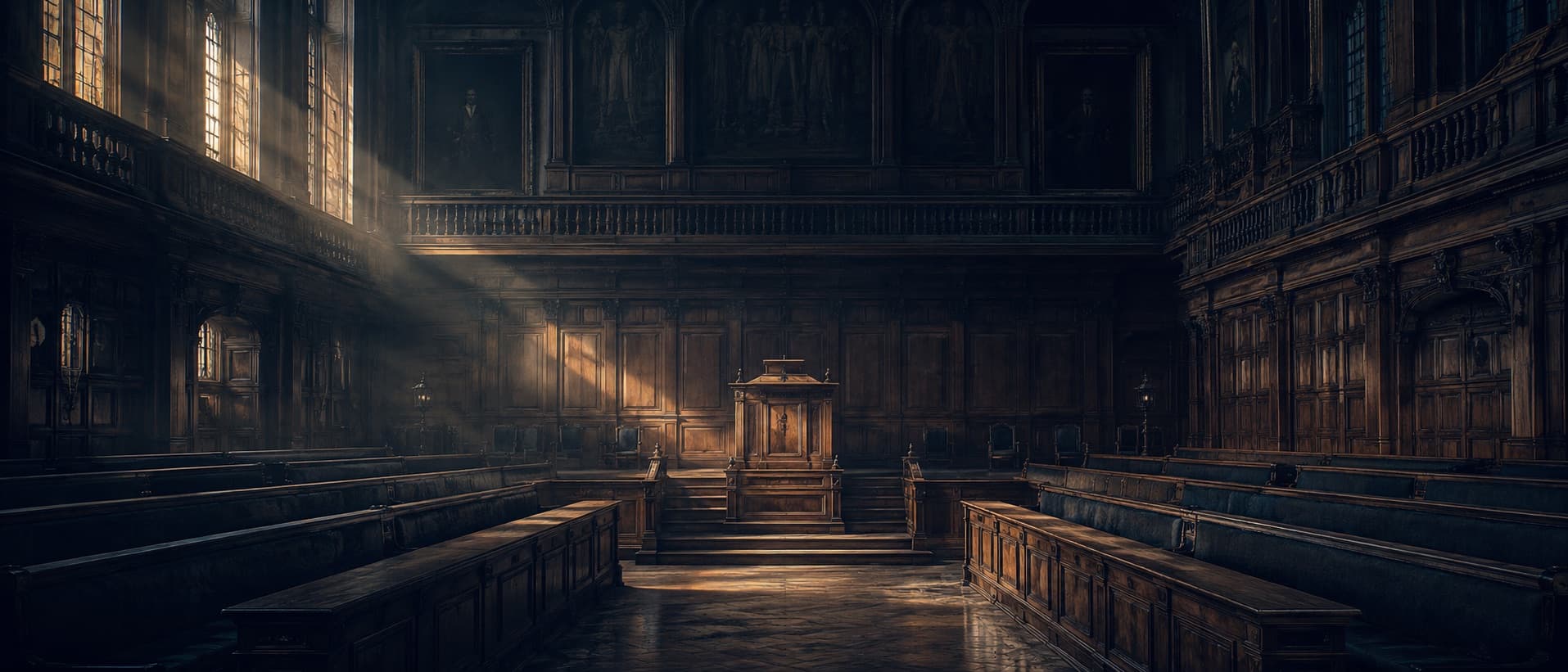 Dark academic hall with a raised wooden rostrum, portrait-lined walls and benches on either side