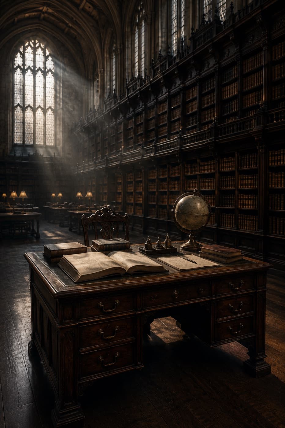 Sunlit oak-panelled library with an open reference book and an antique globe on a study desk