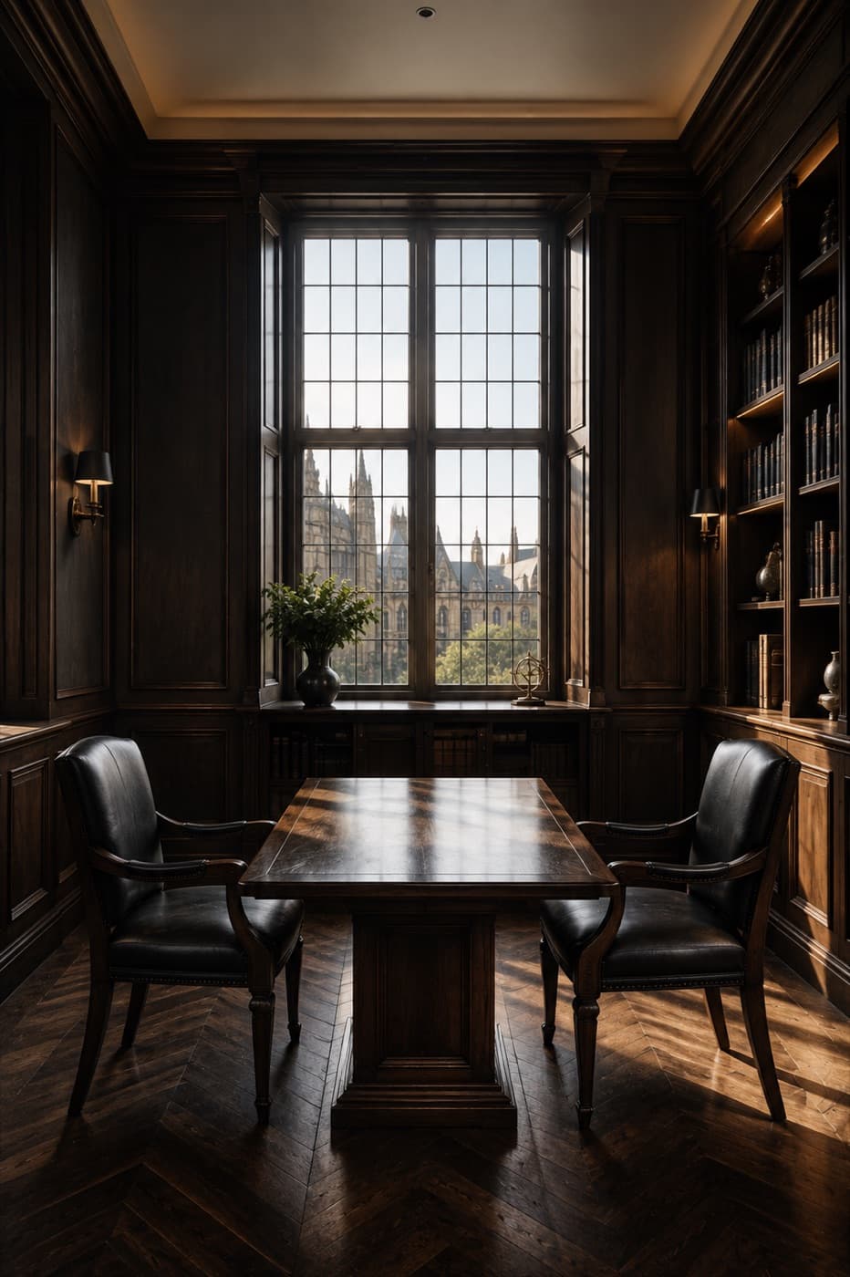 Private panelled room with two chairs facing across a table, a tall window overlooking Westminster