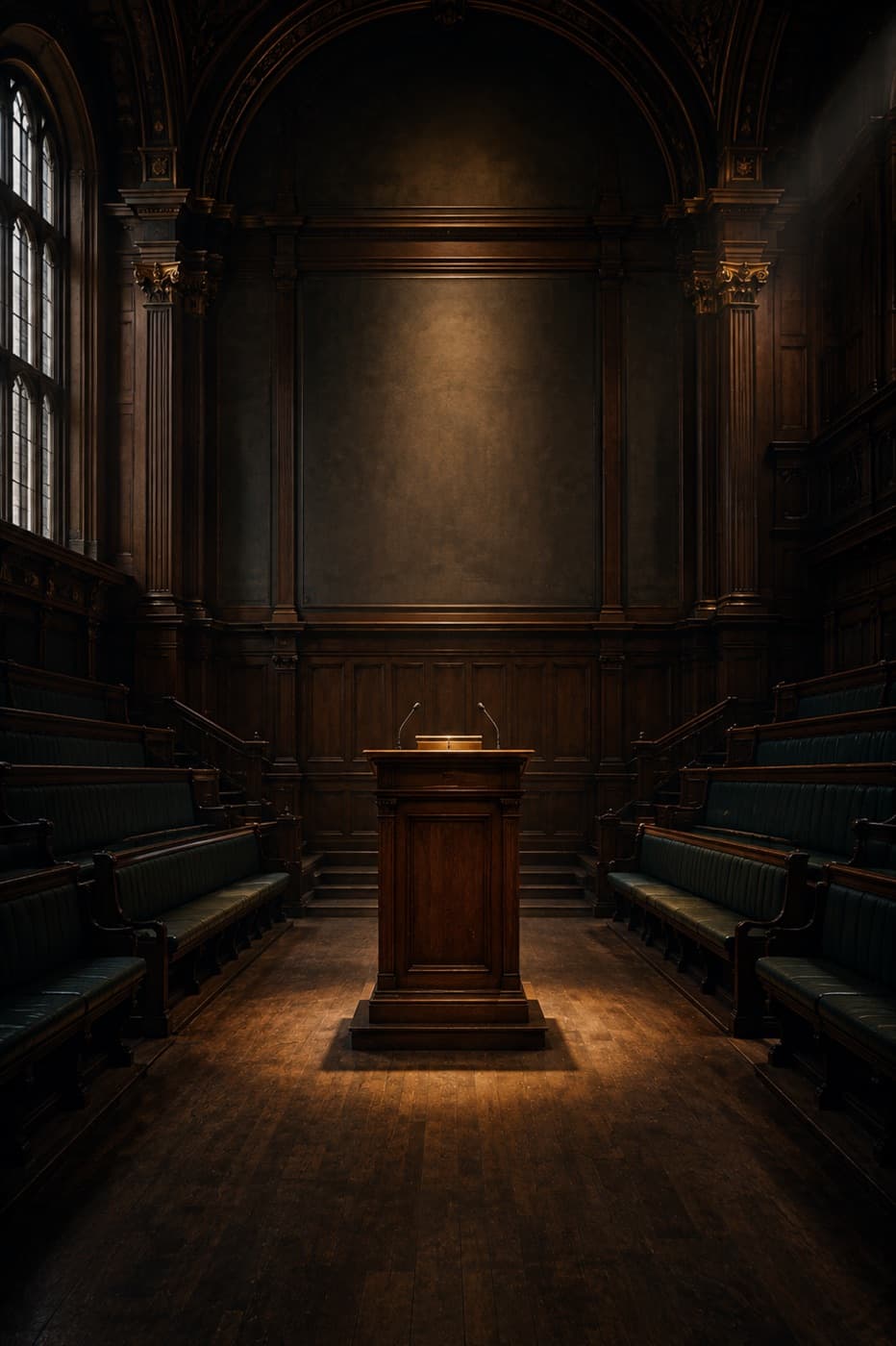 Wood-panelled chamber with a raised, spotlit lectern and empty pews on either side